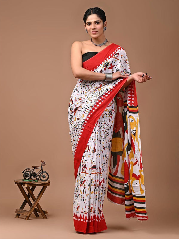 Printed Pure Cotton Mulmul Saree With Blouse Piece