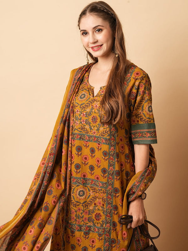Floral Printed Sequins Embellished A-line Kurta with Pants & Dupatta