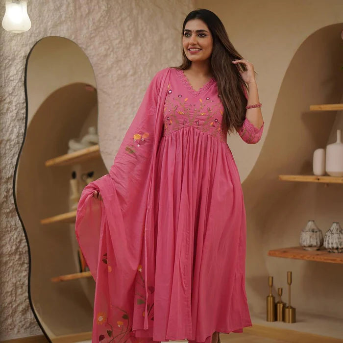 Embroidered Cotton A-Line Heavy Suit Set for Women | Pink Festive Kurta Set