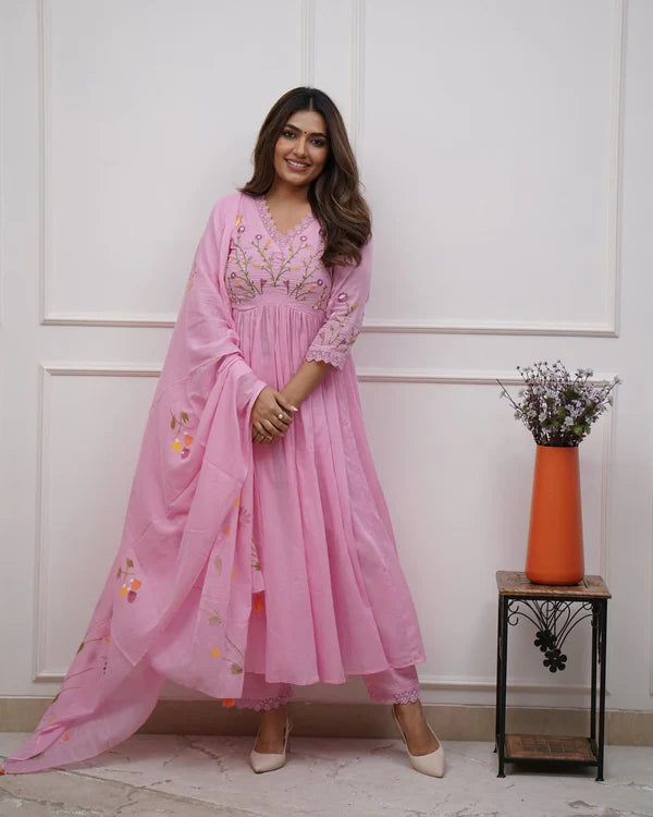 Embroidered Cotton A-Line Heavy Suit Set for Women | Pink Festive Kurta Set