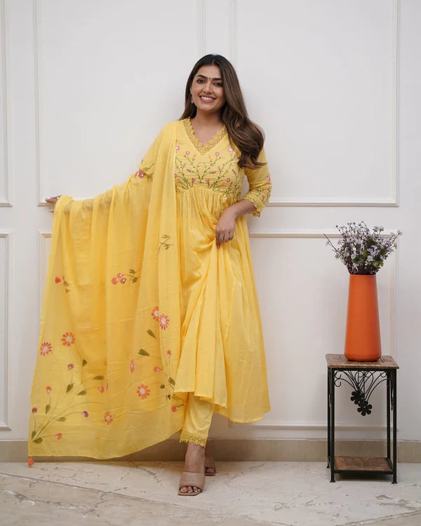 Embroidered Cotton A-Line Heavy Suit Set for Women | Pink Festive Kurta Set