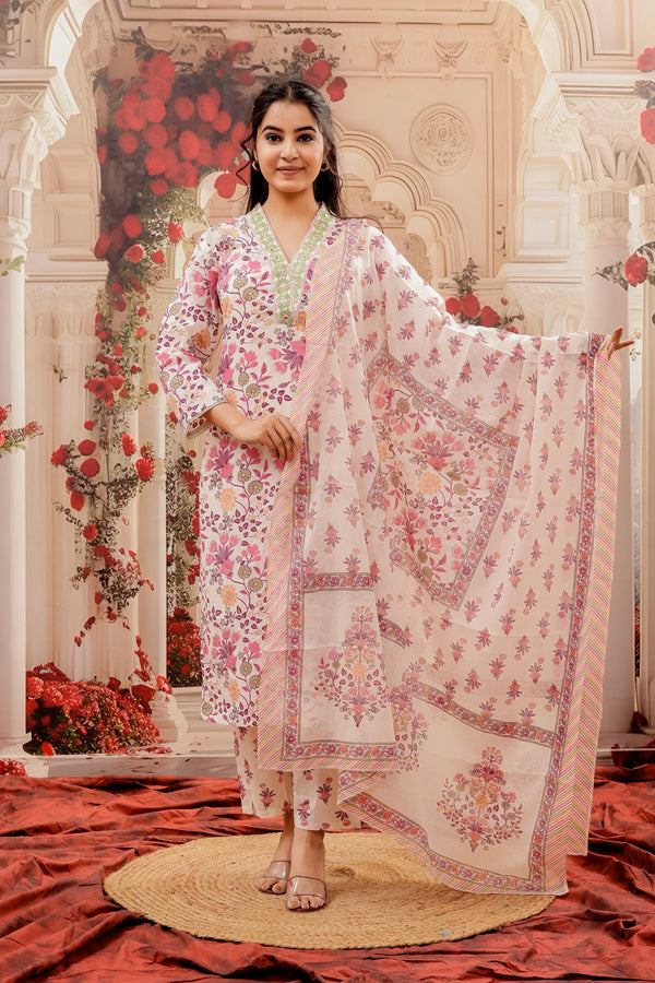 Off White Floral Print Dupatta Set