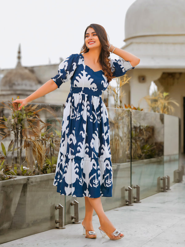 Blue And White Magic Tiered Midi Dress