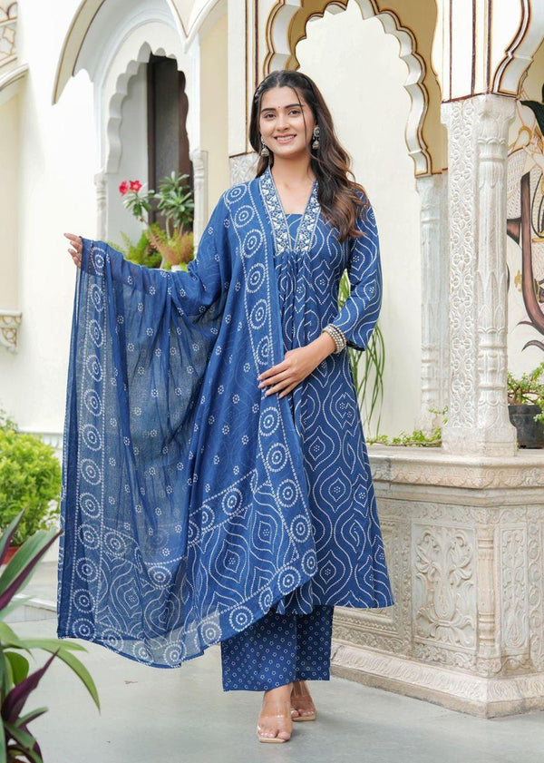 Bandhej Print Suit Set With Finest Motifs