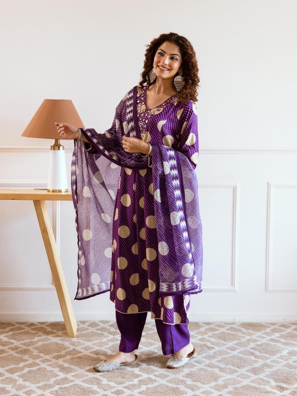 New Stylish Polka Cotton Kurta Pant & Duppata Set