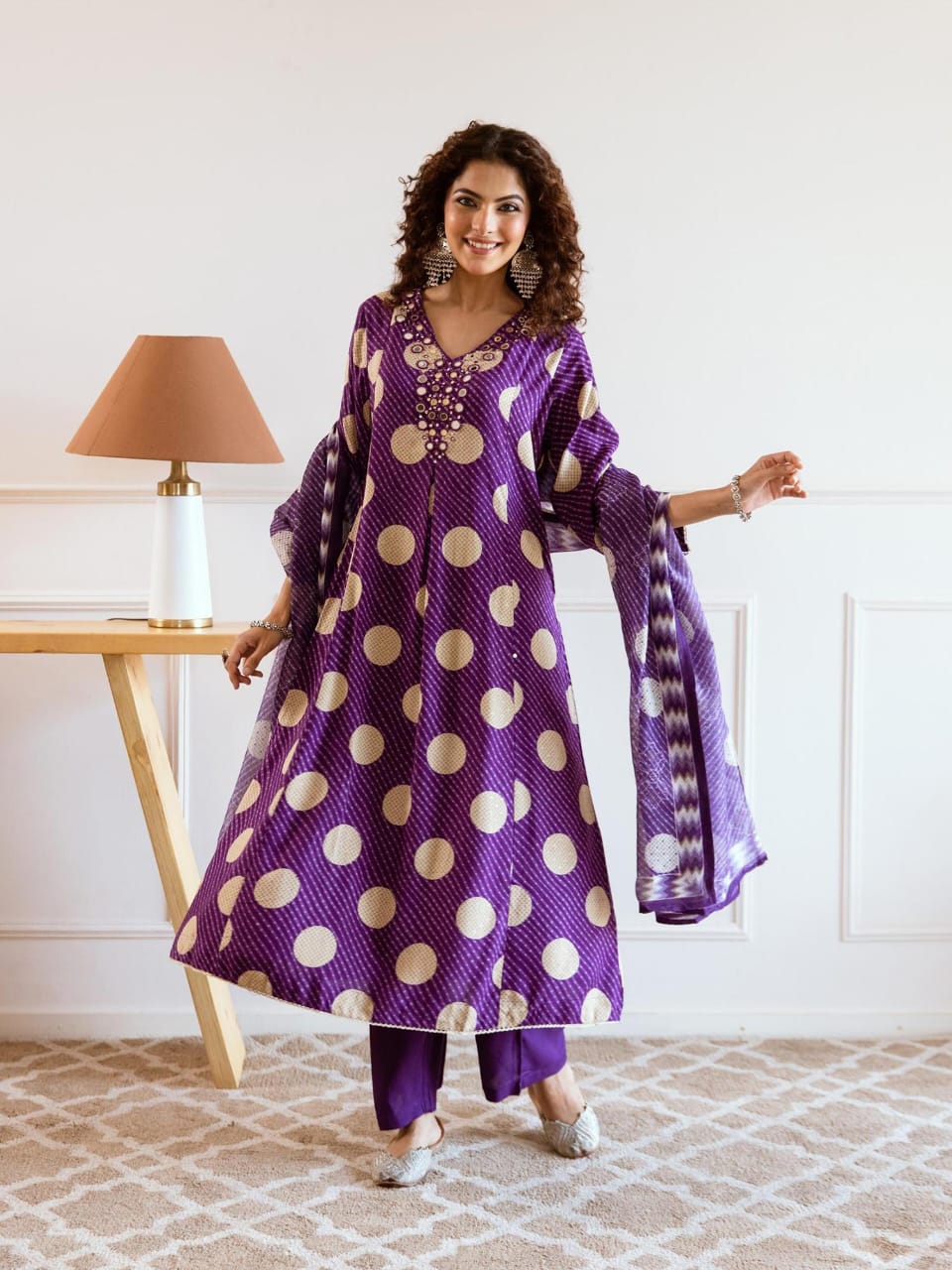 New Stylish Polka Cotton Kurta Pant & Duppata Set