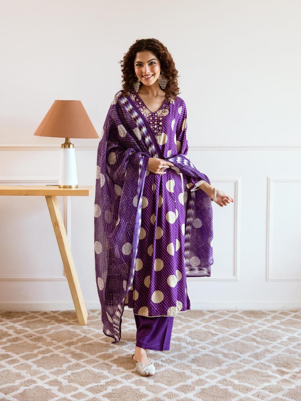 New Stylish Polka Cotton Kurta Pant & Duppata Set