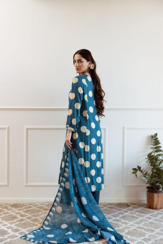 New Stylish Polka Cotton Kurta Pant & Duppata Set