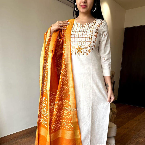 Handloom Cotton Suit And Pure Linen Dupatta Set