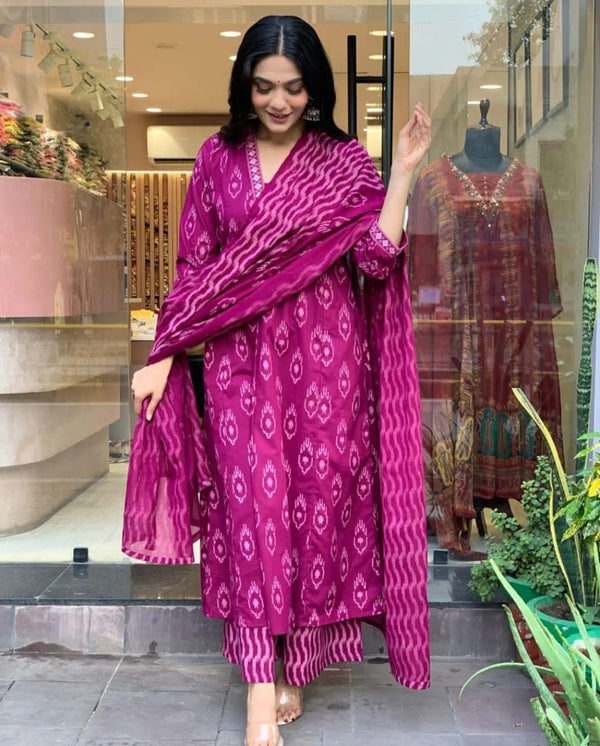 Athira Pure Cotton Ikat Suit Set With Embroidery