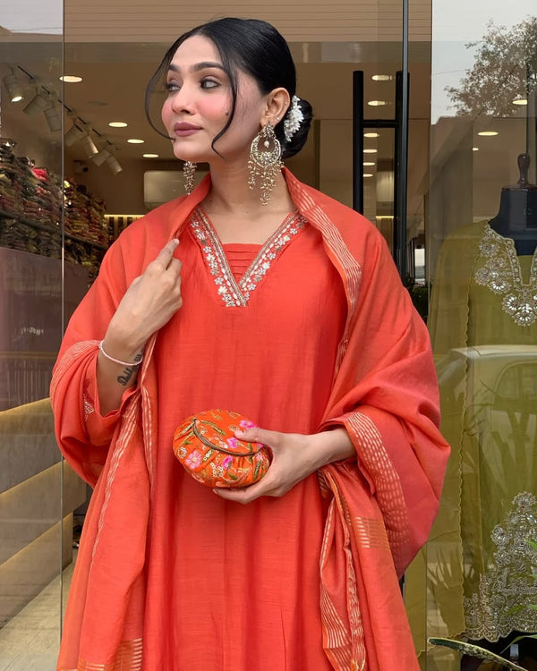 Beautiful Cotton Fabric Angrakha Kurti Pant And Dupatta Set