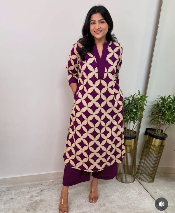 Pure Cotton Floral Print Kurta With Palazzo Set For Women