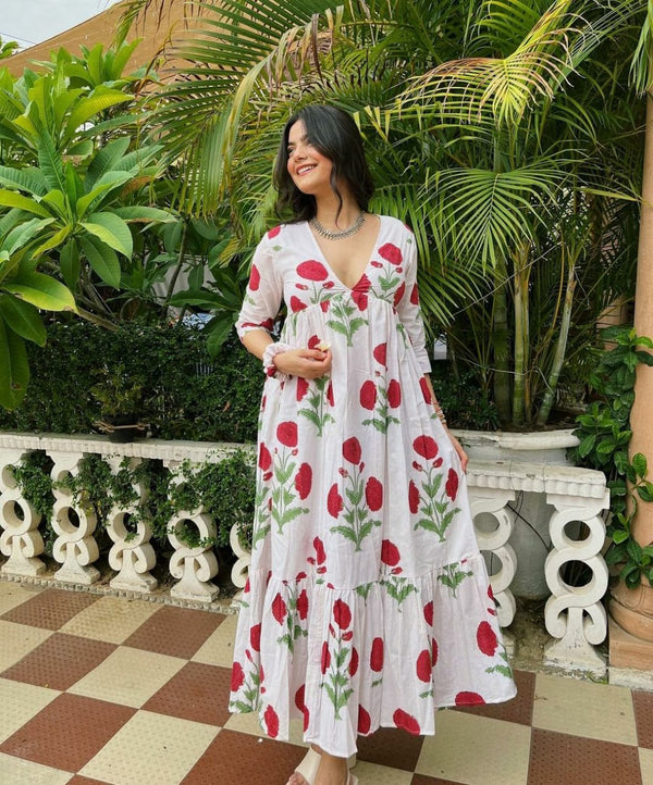 Beautiful Printed Lotus Flower Cotton Long Dress