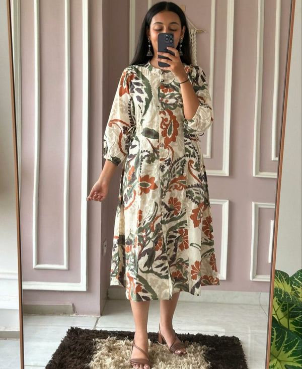 New Beautiful Printed Lotus Flower Cotton Long Dress