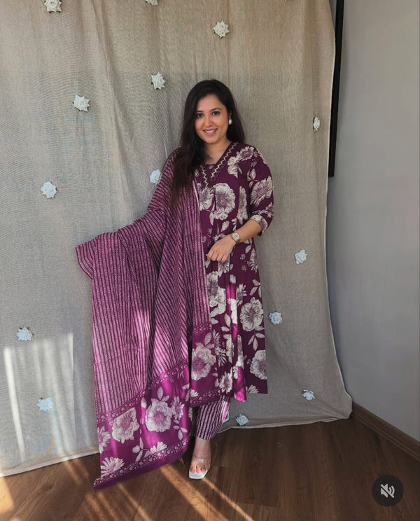 3-Piece Pure Cotton Embroidered Suit Set – Kurti, Pant & Dupatta For Women