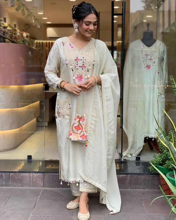 Beautiful Rayon Kurti Pant Dupatta Set For Women Embroidery & Sequin Work