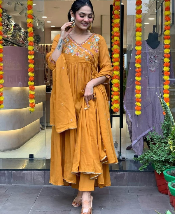 Elegant Cotton Angrakha Kurti Set For Women – Pant & Dupatta Included