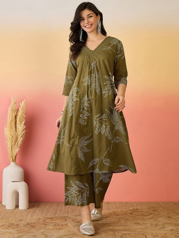 Women's Festive A-Line Kurti Pant Set With Moti Work Neck
