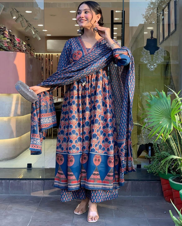 Anarkali Cotton Kurta Set With Dupatta & Pant | Embroidery Work
