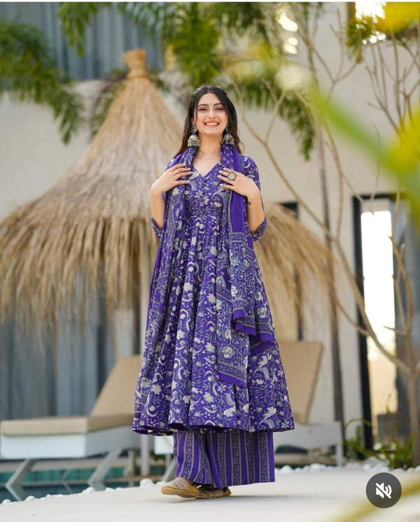 Stylish Cotton Gown Suit Set With Pant & Dupatta | Ethnic Wear For Women