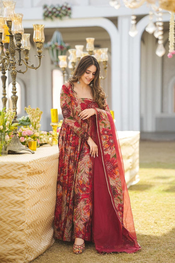 Red Heavy Rayon Gown Set With Dupatta & Pant | Digital Print | Festive & Party Wear
