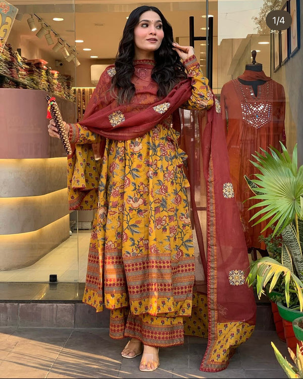New Style Anarkali Cotton Kurta Set For Women Sequin & Kantha Embroidery Work