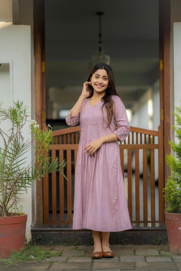 Cotton Floral Embroidered Dress For Women With Printex Detailing