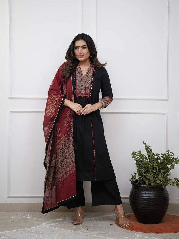 Black Cotton Anarkali Kurta Set with Mirror Work & Dupatta