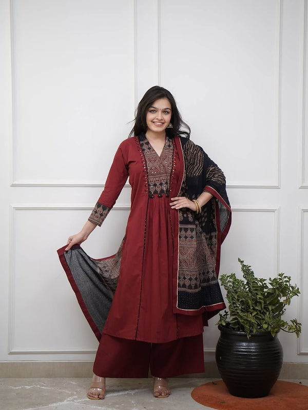 Maroon Cotton Anarkali Kurta Set with Mirror Work & Dupatta
