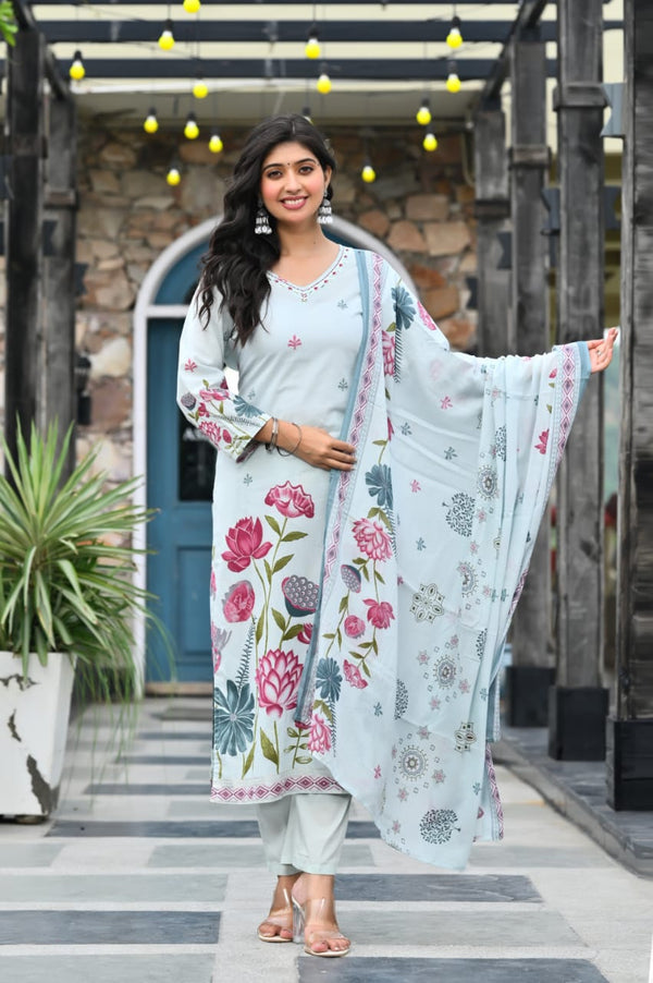 Sky Blue Mal Cotton Suit Set with Floral Print & Mirror Work