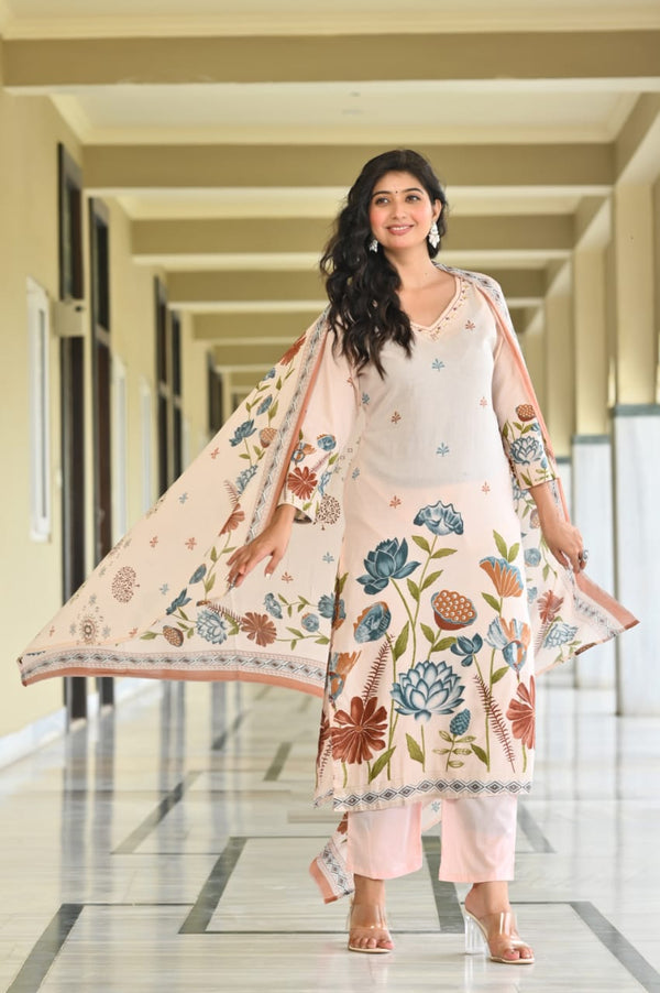 Floral Print Mal Cotton Suit Set with Real Mirror Handwork