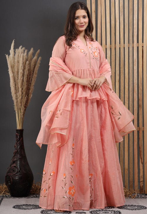 Peach Hand-Painted Chanderi Lehenga Set for Women
