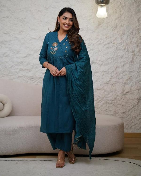 Teal Floral Embroidered Cotton Anarkali Suit Set – Nayu Fashion