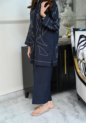 Navy Blue Embroidered Cotton Co-Ord Set