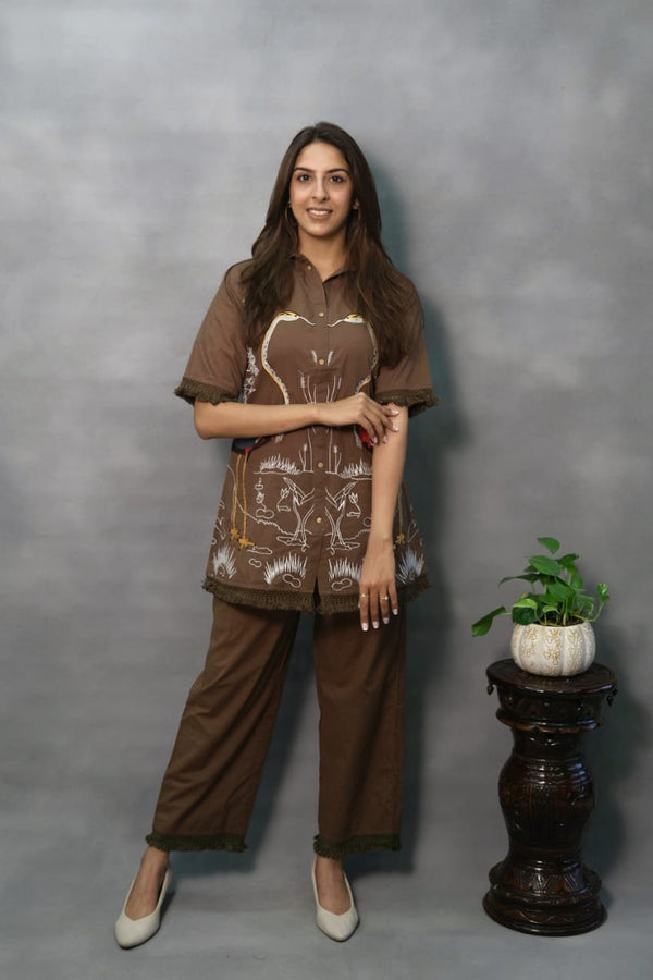 Brown Embroidered Cotton Co-ord Set for Women
