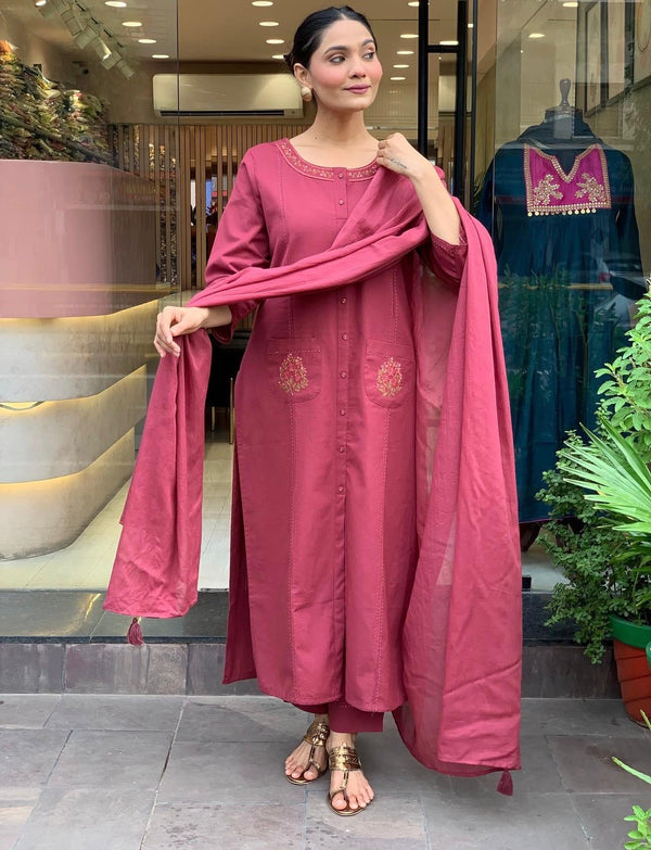 Rust Red Embroidered Cotton Kurta Set with Dupatta