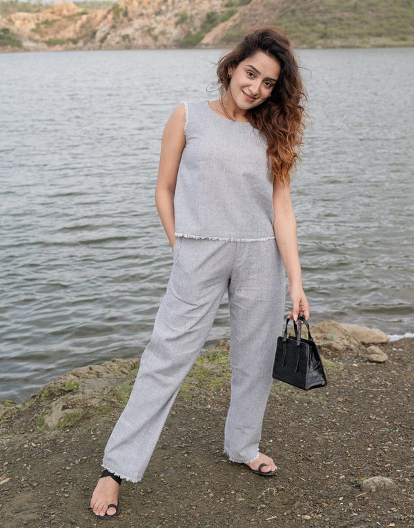 Grey Cotton Sleeveless Coord Set with Fringe Detailing