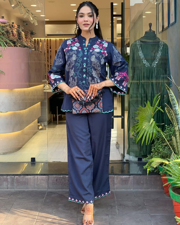 Navy Blue Embroidered Cotton Coord Set | Nayu Fashions