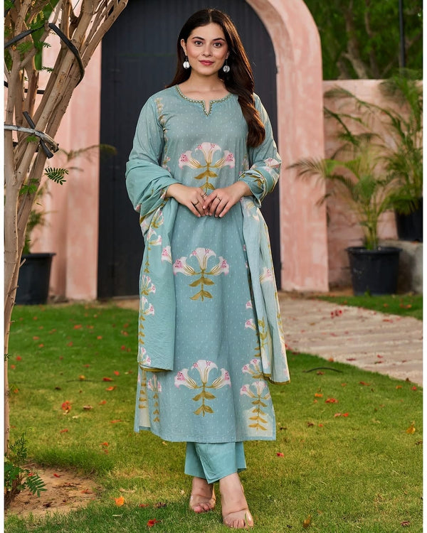Mint Green Floral Printed Cotton Kurta Set with Dupatta | Nayu Fashions