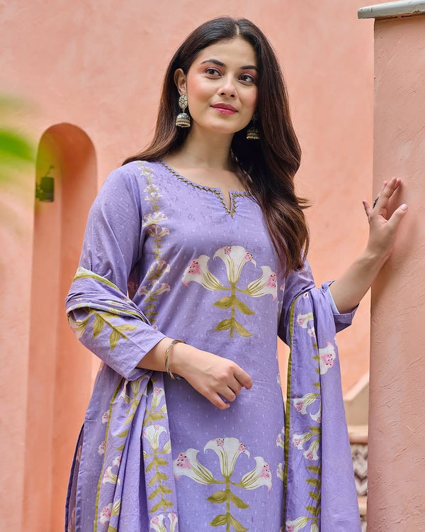 Lavender Floral Printed Cotton Kurta Set with Dupatta | Nayu Fashions