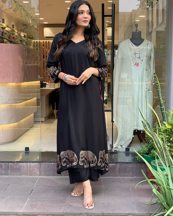 Black Elephant Embroidered Kurta Set | Nayu Fashions