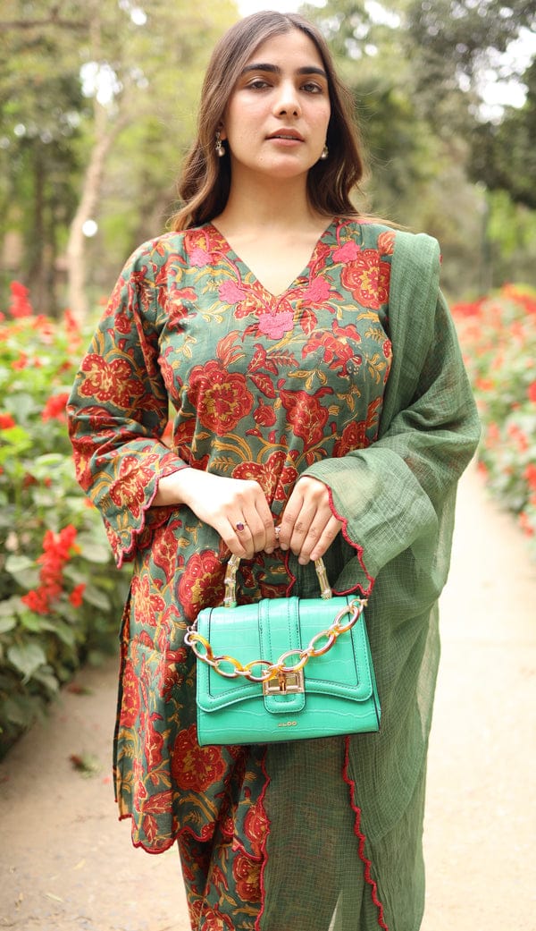 Maria Green Floral Cotton Co-ord Set with Kota Doria Dupatta