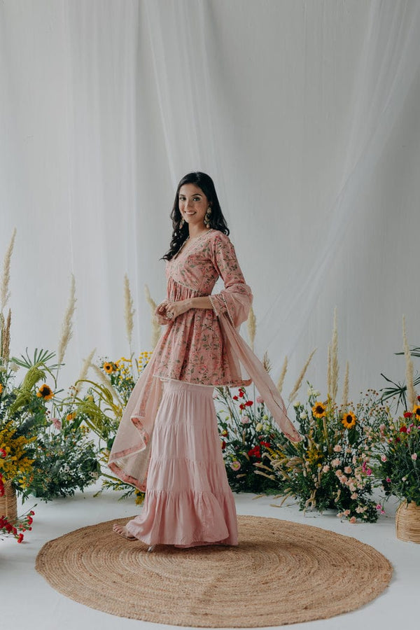 Pink Printed Cotton Kurti & Sharara Set with Dupatta