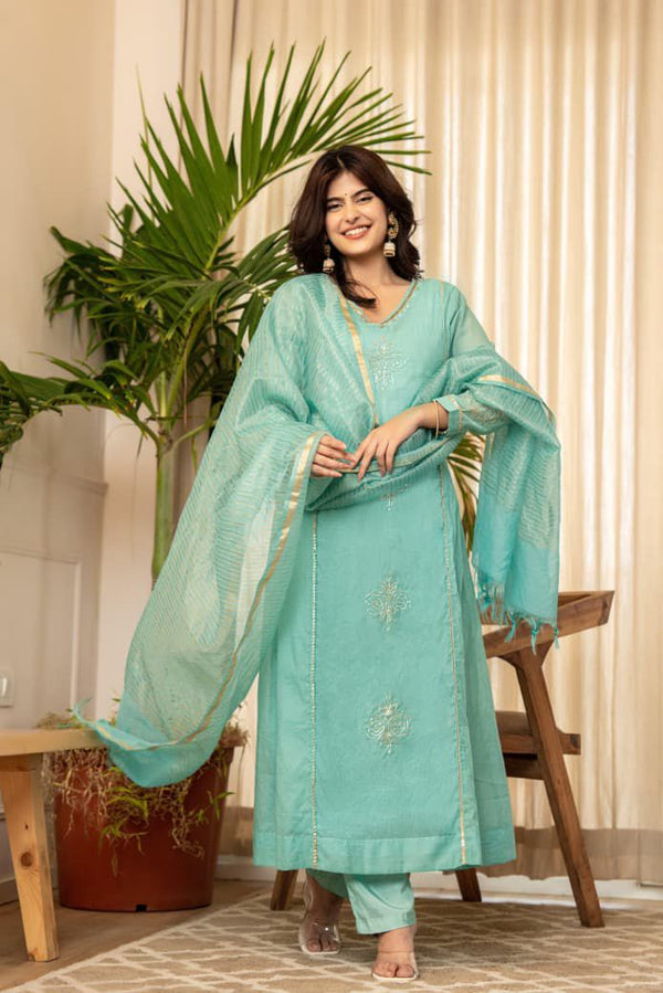Premium Mul Chanderi Kurti Pant Dupatta Set – Sea Green | Nayu Fashions