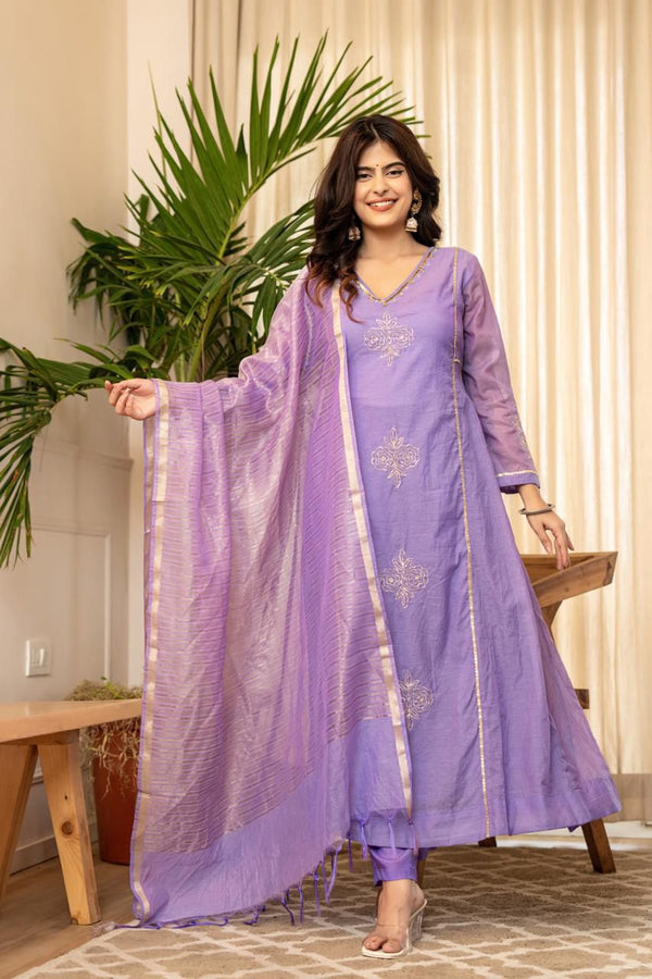 Lavender Embroidered Chanderi Cotton Suit Set with Dupatta