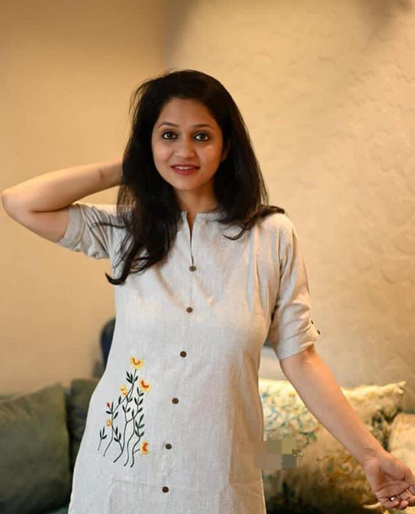 Nayu Fashions Women’s Khadi Cotton Embroidered Dress | Handloom Summer Kurta with Pocket