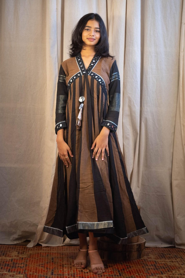 Nayu Fashions Jaipuri Block Print Cotton Anarkali Dress with Mirror Work & Tassel