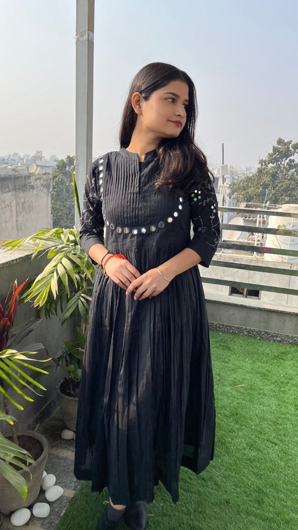 Nayu Fashions Women’s Cotton Mirror Work Gown | Embroidered Pintex Long Dress