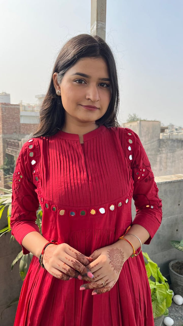 Nayu Fashions Women’s Red Cotton Mirror Work Gown | Embroidered & Pintex Long Dress