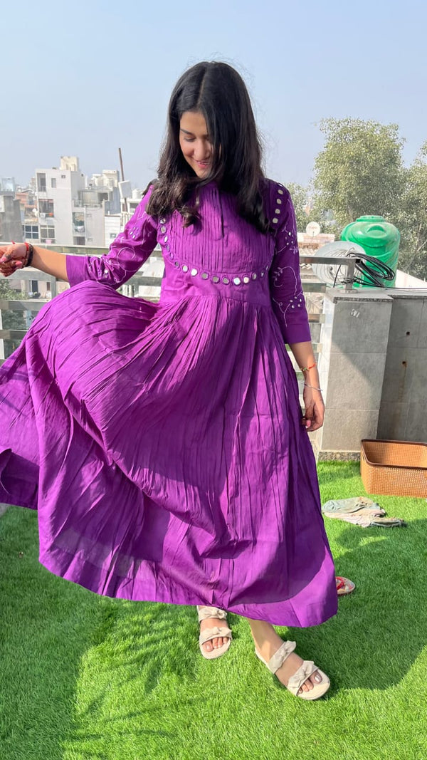 Nayu Fashions Women’s Violet Cotton Mirror Work Gown | Embroidered Pintex Long Dress